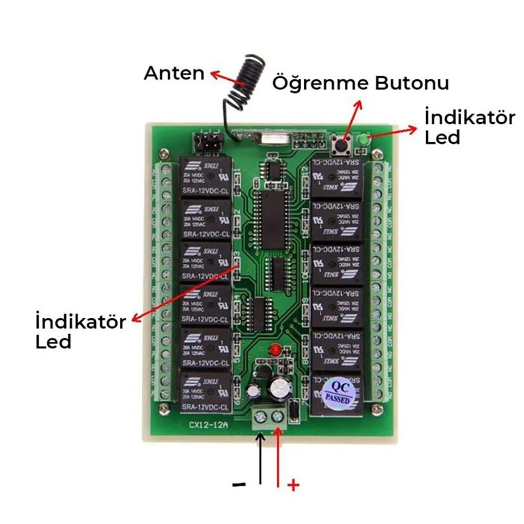 12V 433MHz 12 Kanallı Kablosuz Kumandalı RF Alıcılı Röle Modülü (Kutulu)