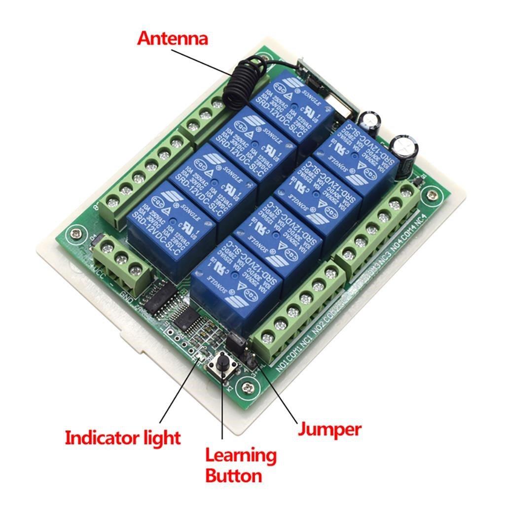 12V 433MHz 8 Kanallı Kablosuz Kumandalı RF Alıcılı Röle Modülü (Kutulu)