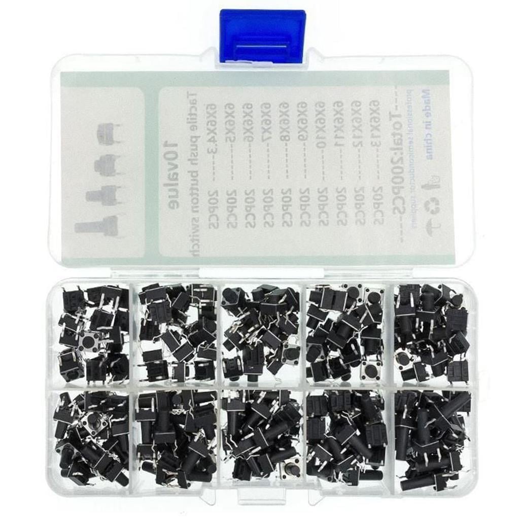 200 Parça 10 Çeşit Push Button Seti-Tact Switch-6x6 Dip Kılıf-Plastik Kutulu