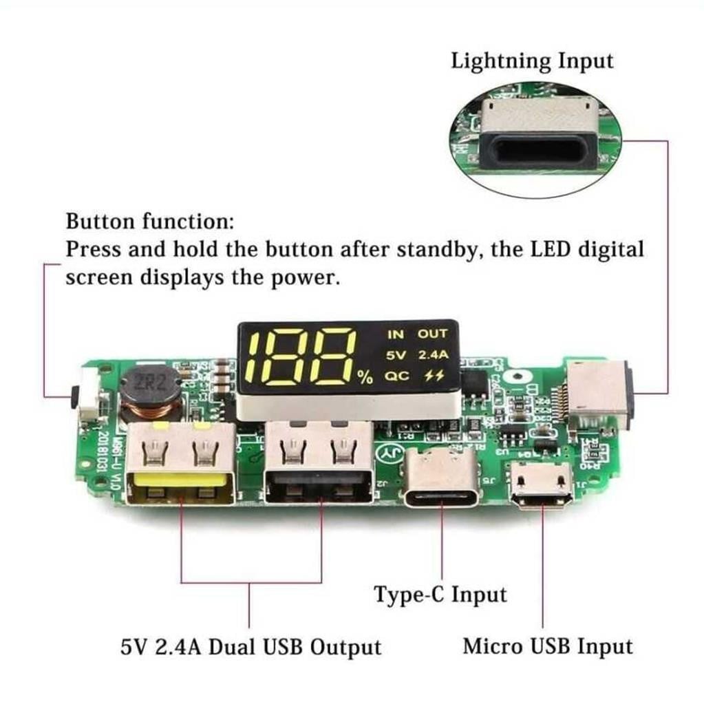 Çift Usb Çıkışlı 5V 2.4A Led'li Ekranlı Micro USB-Type-C Powerbank Sarj Modülü
