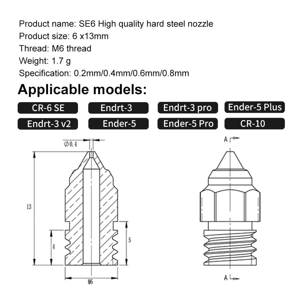 Creality  Cr-6 SE-Max-Ender 3 S1 Uyumlu Sertleştirilmiş Çelik Nozzle(0.4mm)