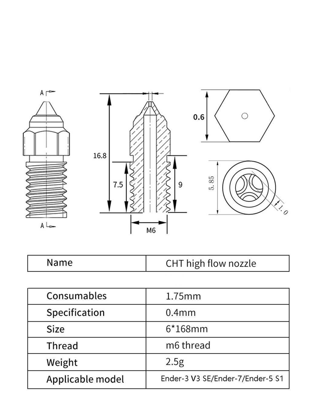 Ender 3 V3 SE-Ender 7-Ender 5 S1  Krom Zirkonyum Bakır CHT Nozzle 500°C(0.4mm)