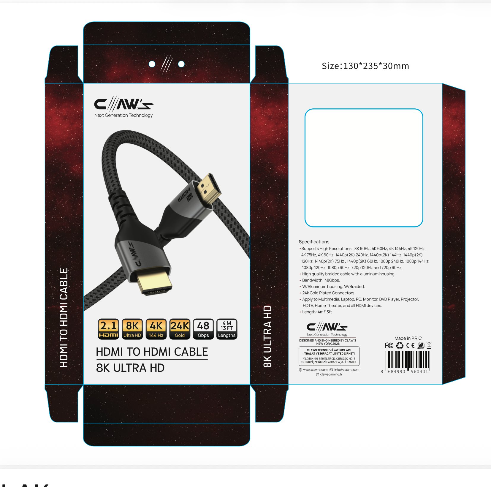 Claw's HDMI 2.1 Kablo 4 Metre - 8K Ultra HD, 4K 144Hz Sinyal Destekli, 48Gbps Yüksek Hızlı Örgülü Altın Uçlu HDMI to HDMI Görüntü Ses Aktarım Kablosu