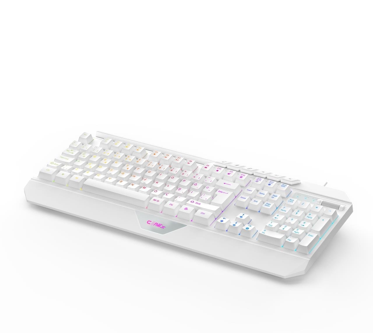 Claw's Nexus K1 RGB & Makro Yazılımlı Full Membran 104 Tuşlu Ekstra Multimedya / Rollover Ses Kontrol Mekanizmalı & Claw's Reflex Örgü Kablolu Gaming Klavye - Beyaz (11 Farklı RGB Efektli)