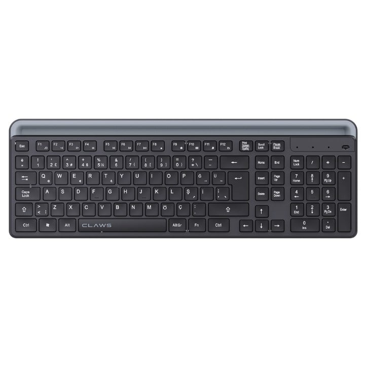 Claw's Orvia Momentum Kablosuz Klavye - Entegre Telefon ve Tablet Standlı (Dock), Dual-Mode (2.4GHz + Bluetooth), Şarj Edilebilir Türkçe Q Tam Boy Ofis Klavyesi
