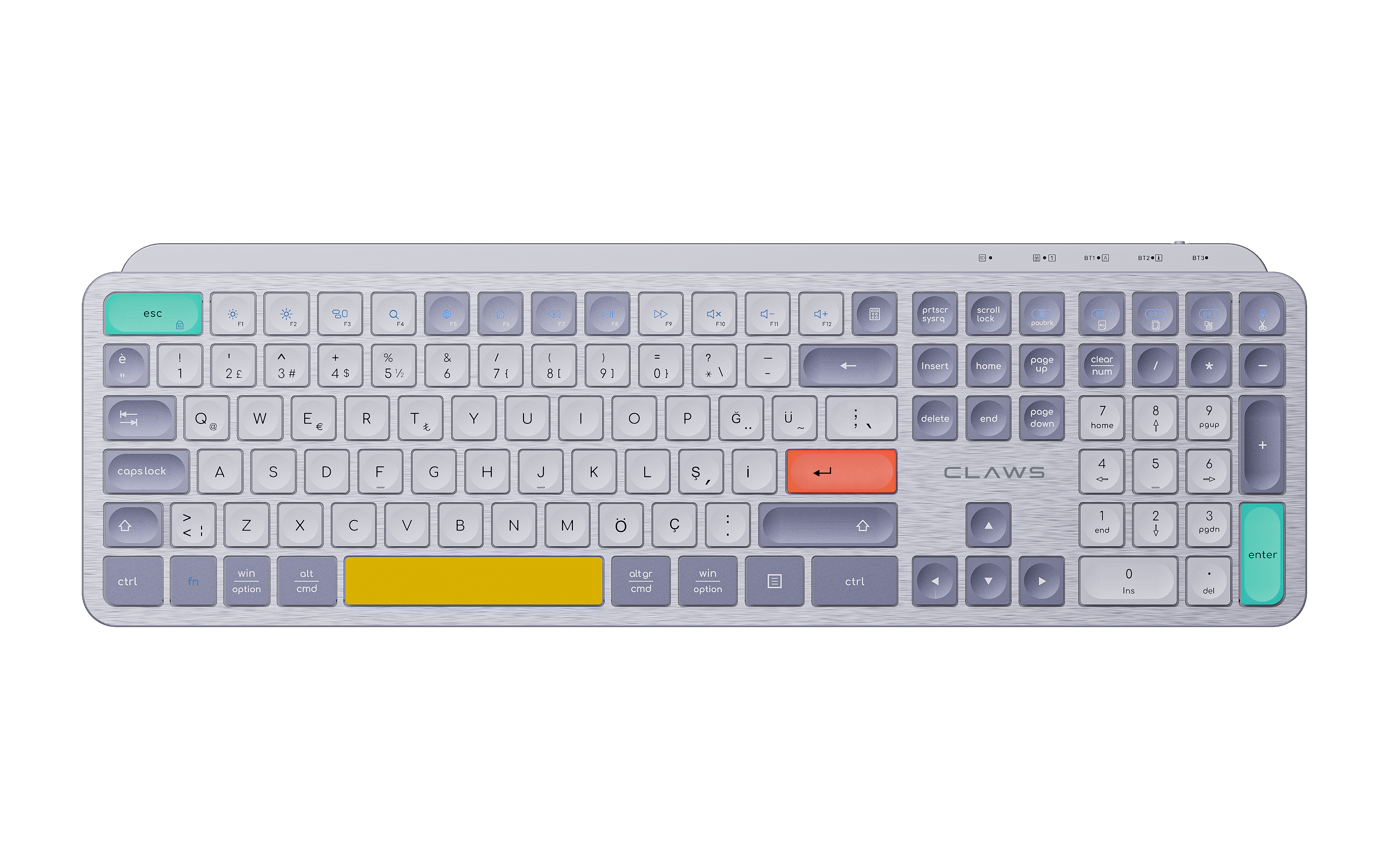 Claw's Palette Luxe Kablosuz Klavye - RGB Aydınlatmalı Makas Anahtarlı (Scissor), Tri-Mode (2.4GHz + 3x Bluetooth), Renkli Tuş Kombinasyonlu Türkçe Q Tam Boy Şarj Edilebilir Ofis Klavyesi
