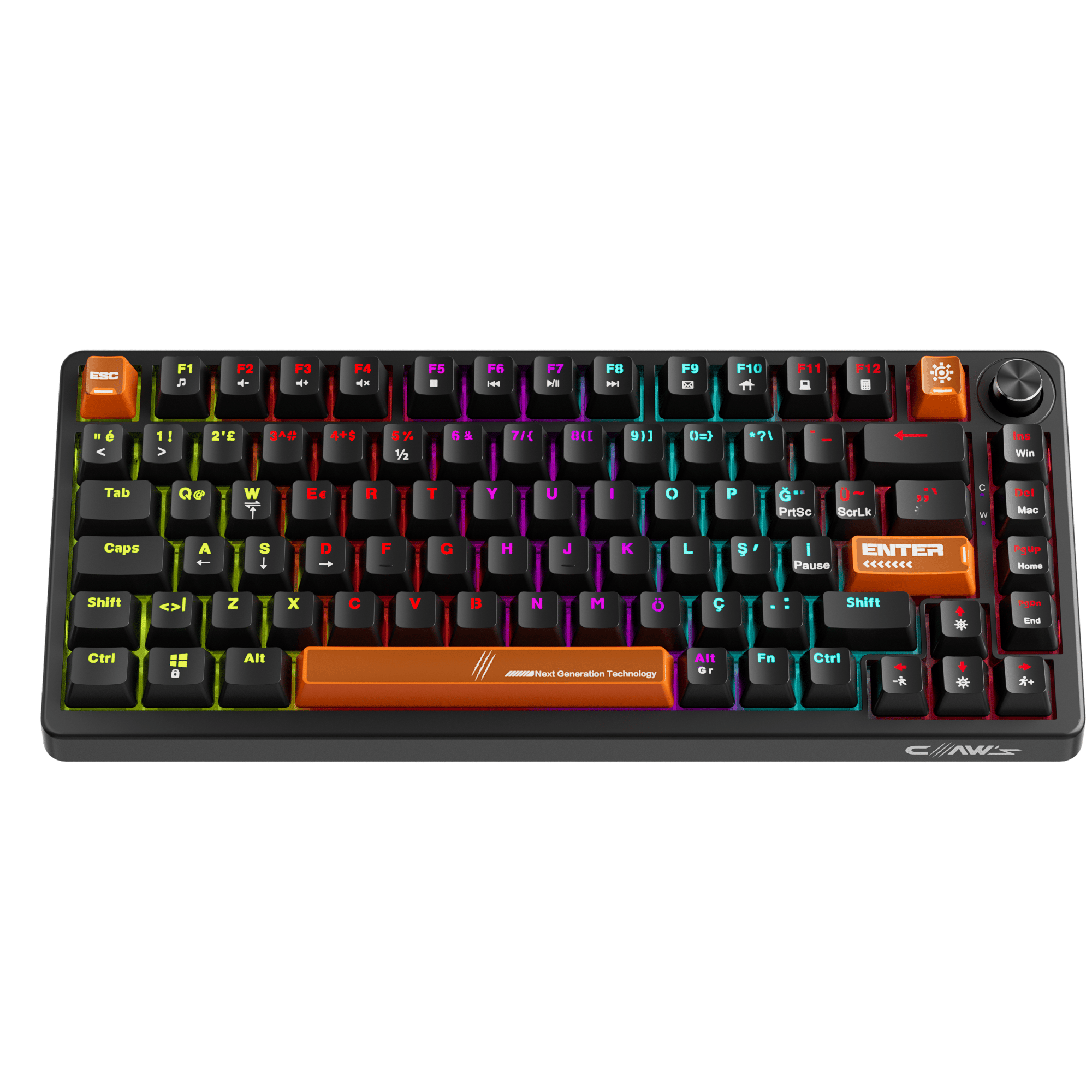 Claw's Pyra %75 Kablolu Mekanik Oyuncu Klavyesi - Çok Fonksiyonlu Ses/Işık Tekerlekli (Knob), Rainbow Aydınlatmalı, Full Anti-Ghosting, 1.6m Örgü Kablolu Windows & Mac Uyumlu Gaming Klavye