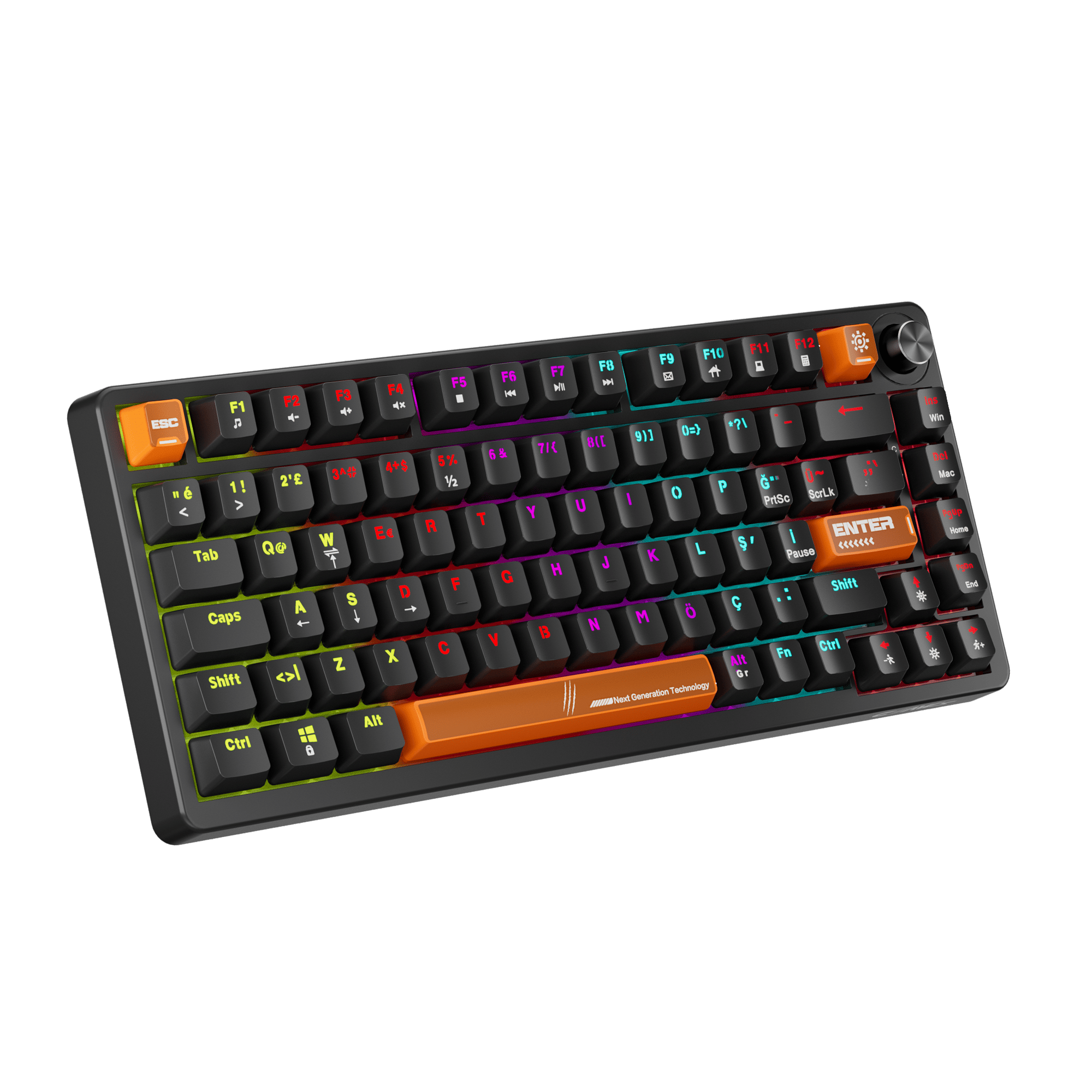 Claw's Pyra %75 Kablolu Mekanik Oyuncu Klavyesi - Çok Fonksiyonlu Ses/Işık Tekerlekli (Knob), Rainbow Aydınlatmalı, Full Anti-Ghosting, 1.6m Örgü Kablolu Windows & Mac Uyumlu Gaming Klavye