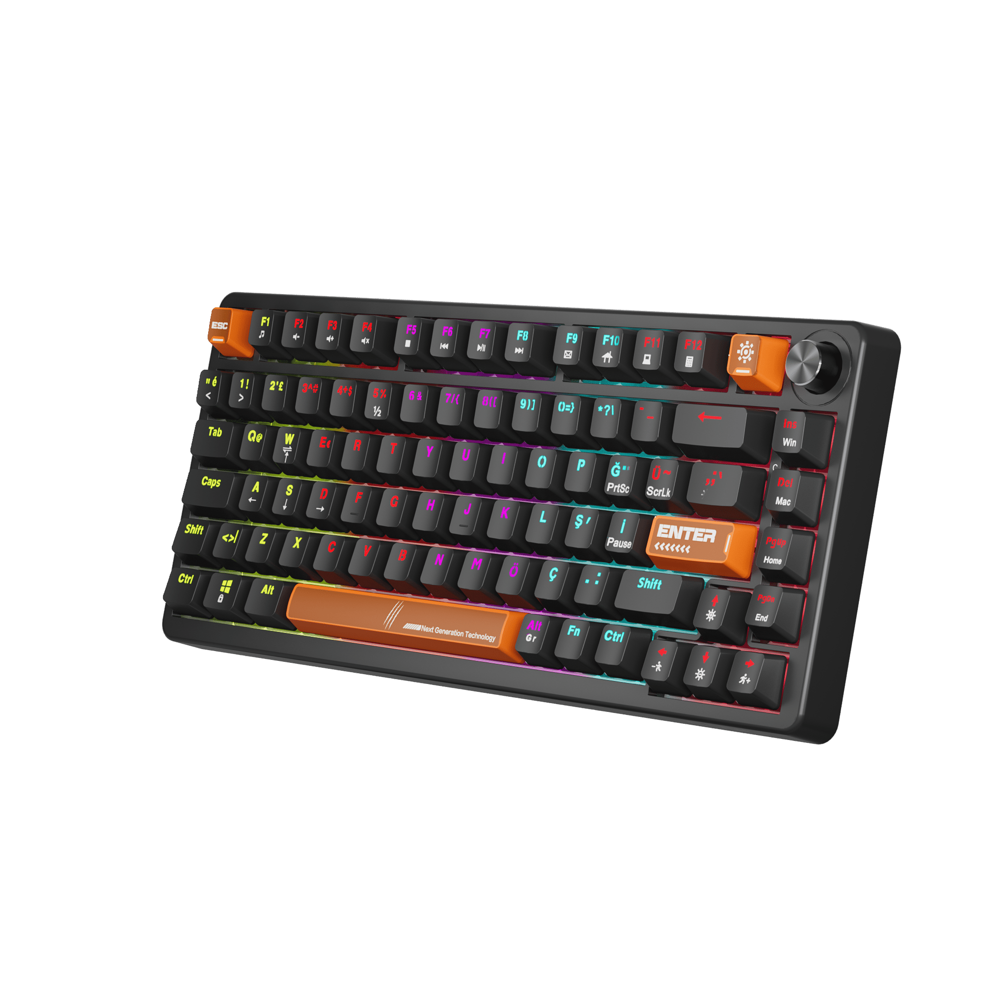 Claw's Pyra %75 Kablolu Mekanik Oyuncu Klavyesi - Çok Fonksiyonlu Ses/Işık Tekerlekli (Knob), Rainbow Aydınlatmalı, Full Anti-Ghosting, 1.6m Örgü Kablolu Windows & Mac Uyumlu Gaming Klavye