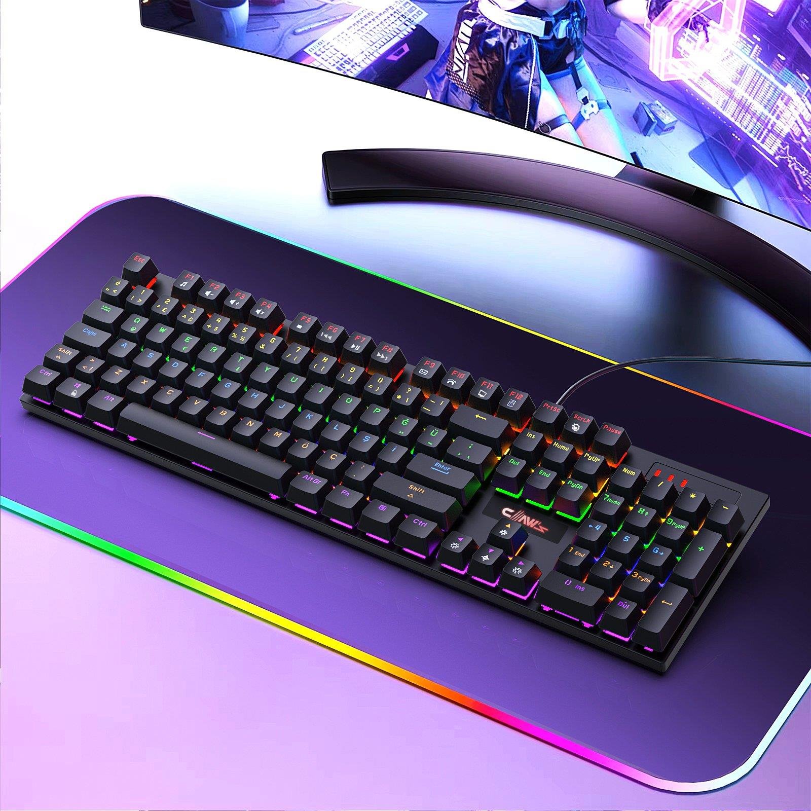 Claw's Rapidfire Red Switch Mekanik & Rainbow RGB Aydınlatma Anti-Ghosting Çift Enjeksiyon 105 Tuşlu Full Form Mekanik Klavye - Siyah