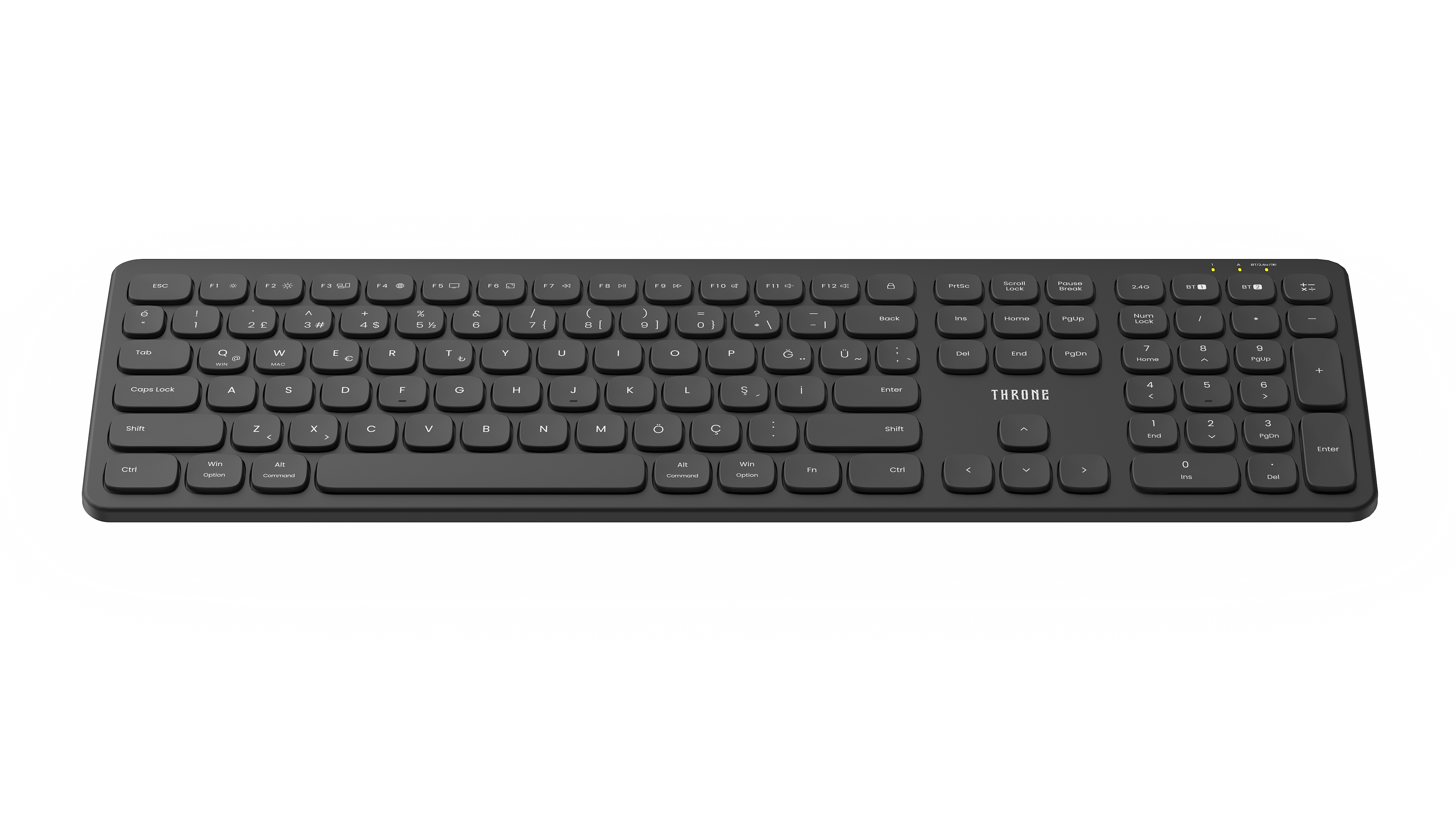 Throne Elite Aero Kablosuz Klavye - Akıllı Otomatik Sistem Tanımalı, Multi-Device Hibrit Dönüşümlü (2.4GHz + Çift Bluetooth), Dahili Hesap Makinesi Kısayollu Tam Boy Profesyonel Ofis Klavyesi   