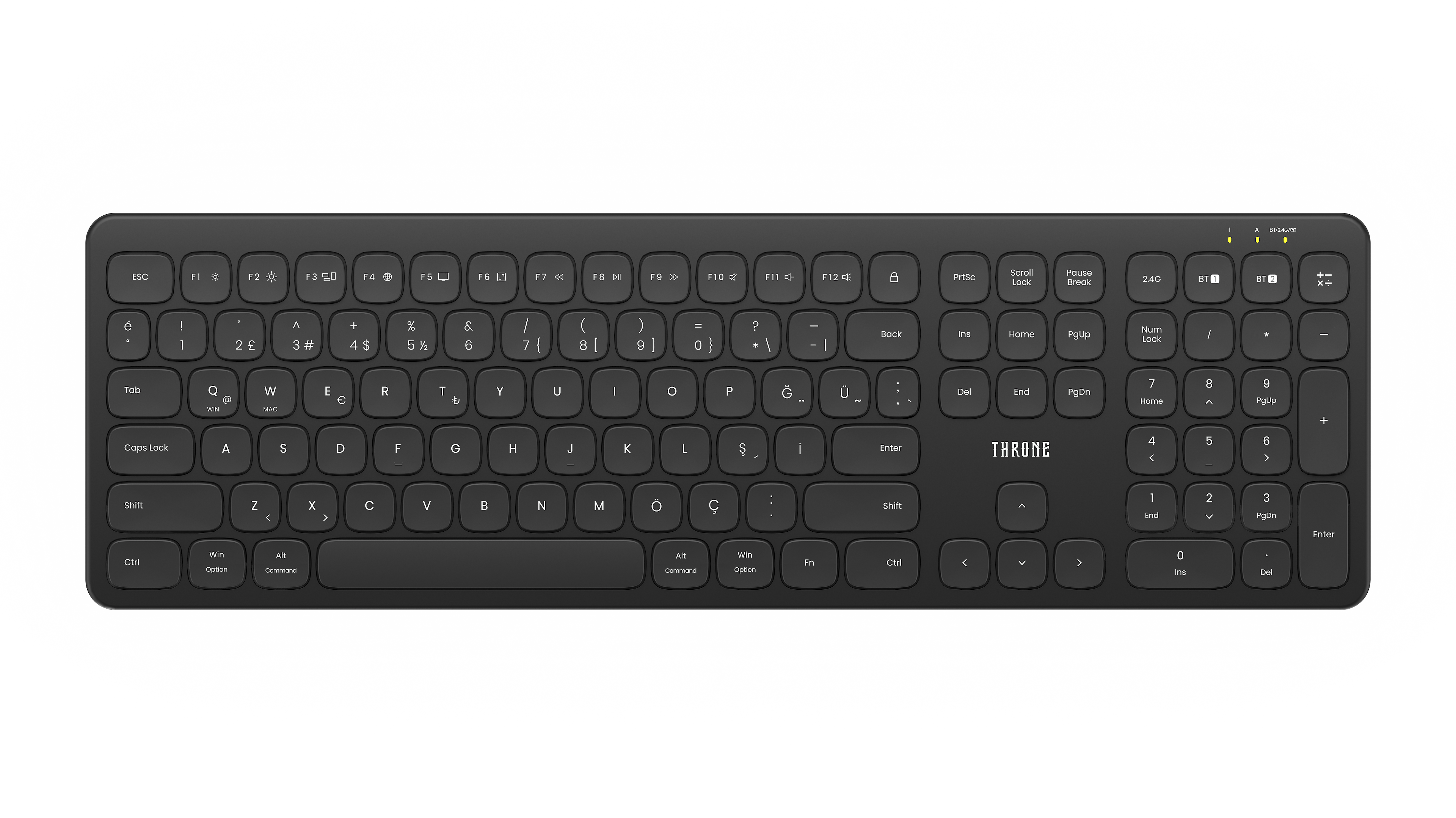 Throne Elite Aero Kablosuz Klavye - Akıllı Otomatik Sistem Tanımalı, Multi-Device Hibrit Dönüşümlü (2.4GHz + Çift Bluetooth), Dahili Hesap Makinesi Kısayollu Tam Boy Profesyonel Ofis Klavyesi   