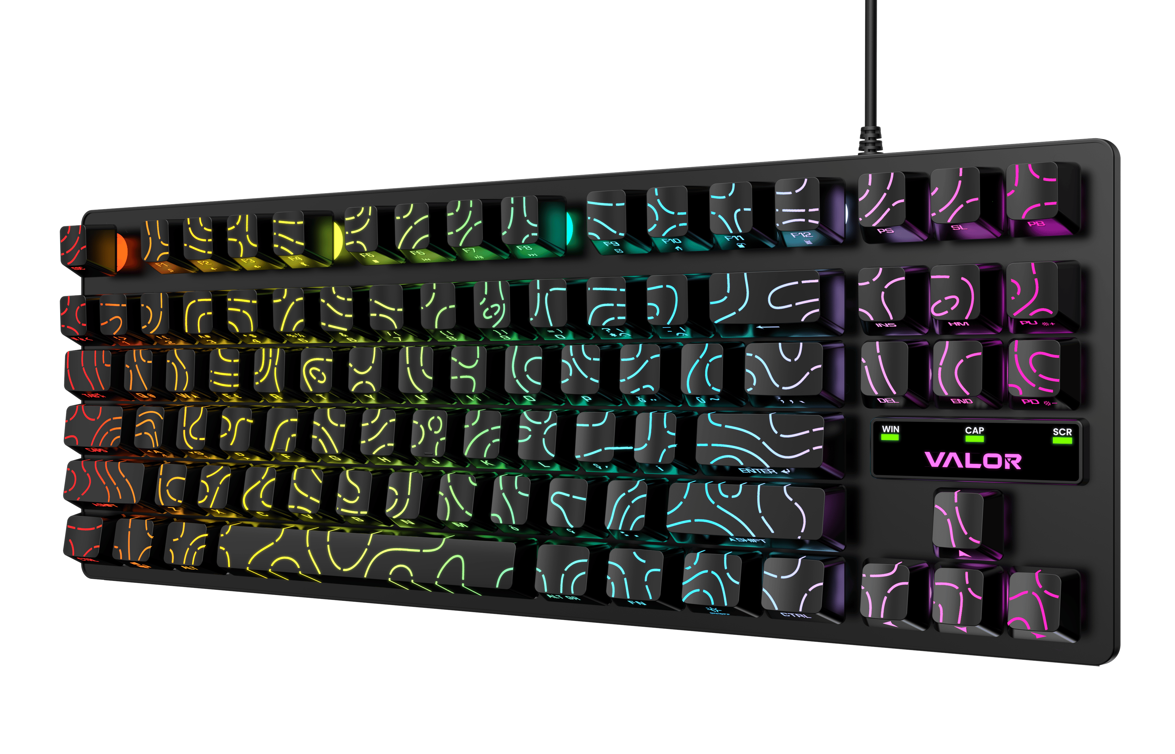 Valor Terrain-X Flow Kablolu Oyuncu Klavyesi - 87 Tuşlu Kompakt TKL Düzen, Göz Alıcı Yan Baskılı (Side-Printed) Tuşlar, Rainbow Aydınlatmalı Türkçe + İngilizce Hibrit Klavye - GS1630