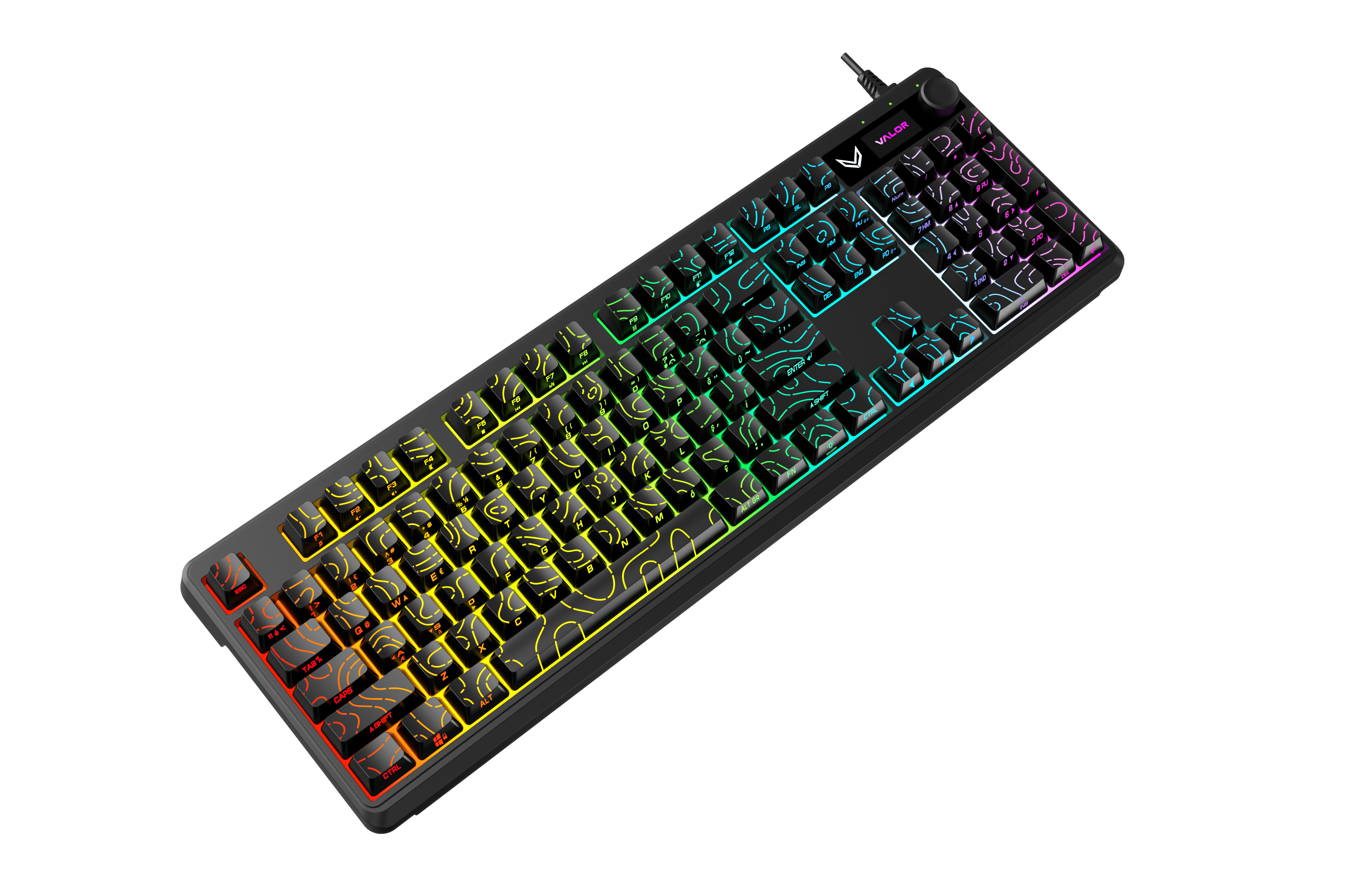 Valor Terrain-X Flow Kablolu Oyuncu Klavyesi - 104 Tuşlu Tam Boy Düzen, Çok Fonksiyonlu Ses/Işık Kontrol Tekerlekli (Knob), Yan Baskılı Rainbow Aydınlatmalı Klavye - GS1635