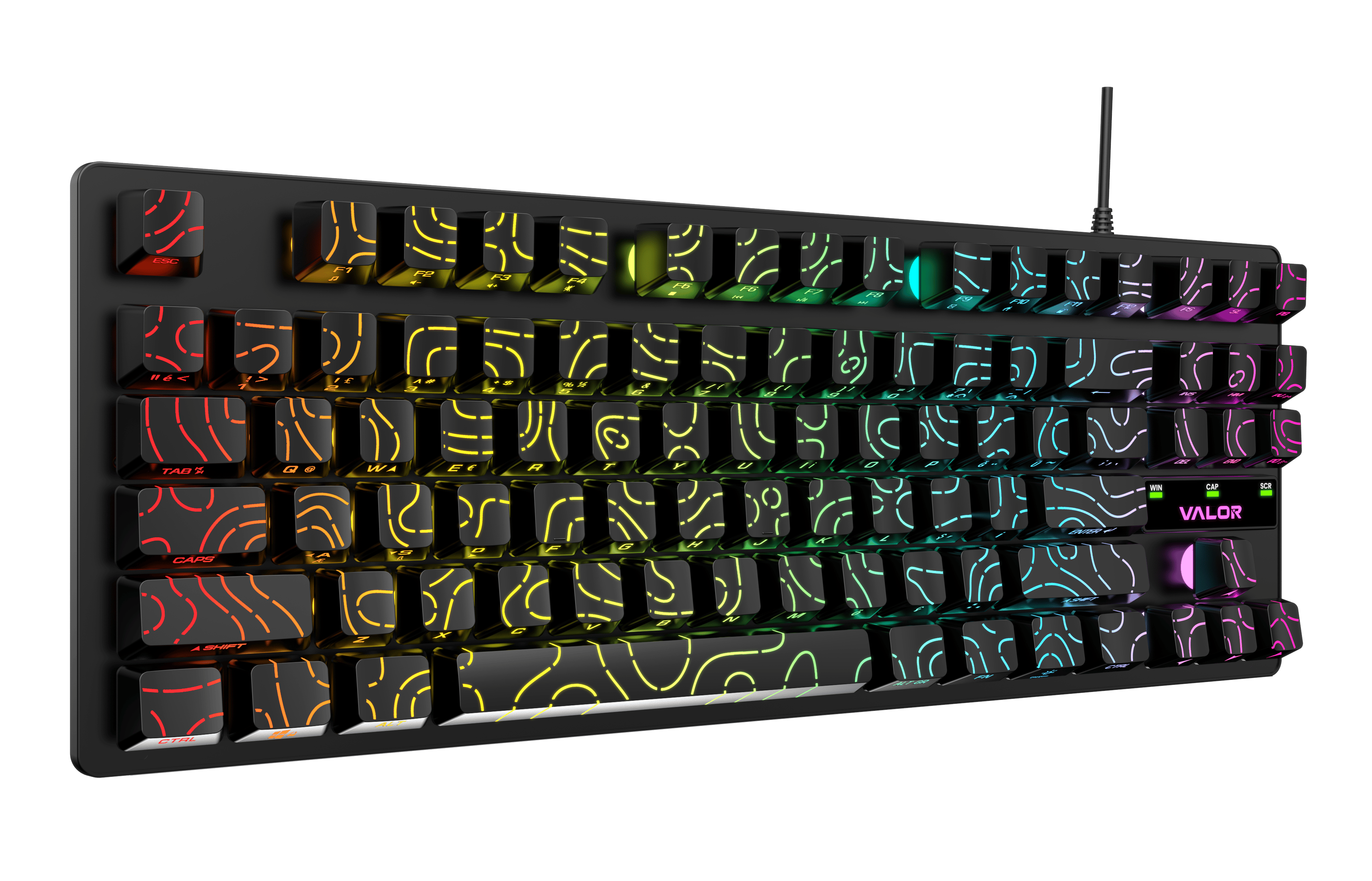 Valor Terrain-X Flow Kablolu Oyuncu Klavyesi - 87 Tuşlu Kompakt TKL Düzen, Göz Alıcı Yan Baskılı (Side-Printed) Tuşlar, Rainbow Aydınlatmalı Türkçe + İngilizce Hibrit Klavye - GS1630