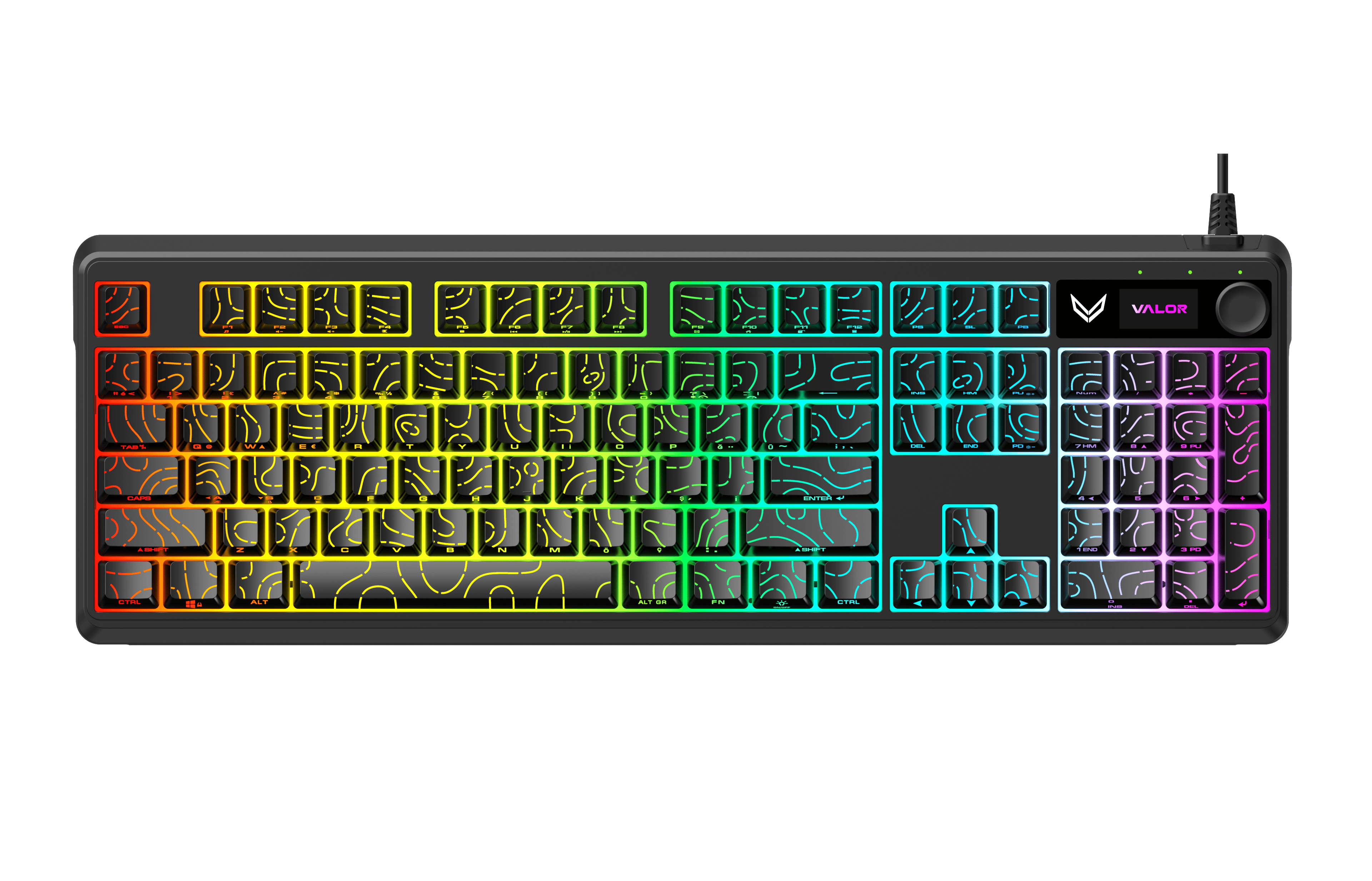 Valor Terrain-X Flow Kablolu Oyuncu Klavyesi - 104 Tuşlu Tam Boy Düzen, Çok Fonksiyonlu Ses/Işık Kontrol Tekerlekli (Knob), Yan Baskılı Rainbow Aydınlatmalı Klavye - GS1635