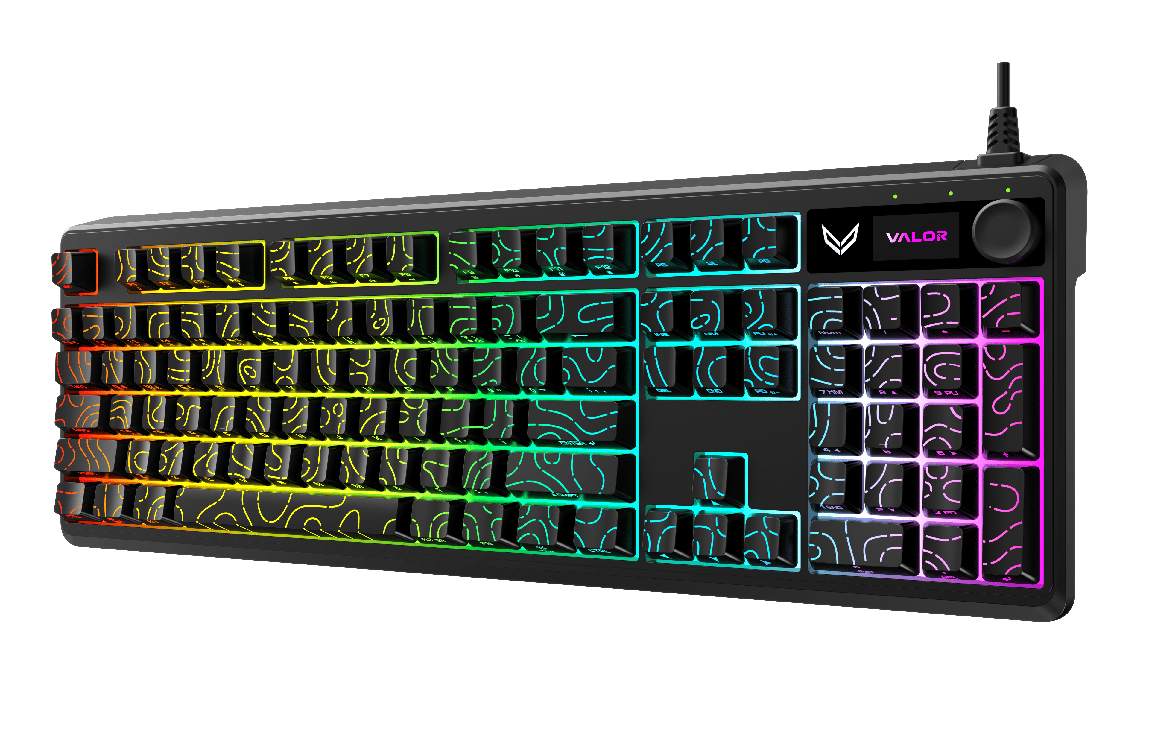 Valor Terrain-X Flow Kablolu Oyuncu Klavyesi - 104 Tuşlu Tam Boy Düzen, Çok Fonksiyonlu Ses/Işık Kontrol Tekerlekli (Knob), Yan Baskılı Rainbow Aydınlatmalı Klavye - GS1635