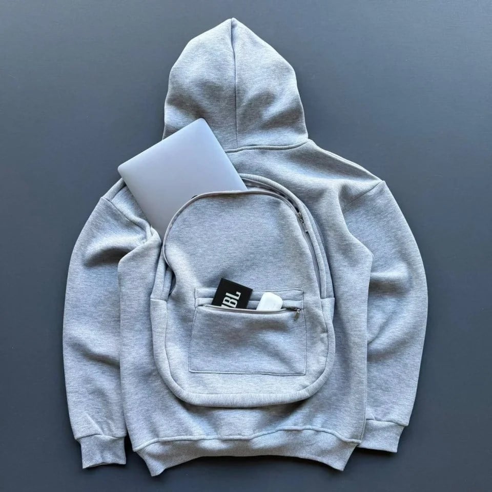 3 İplik Şardonlu Tam Fermuarlı Kapüşonlu Arka Çanta Detaylı Sweatshirt - Gri