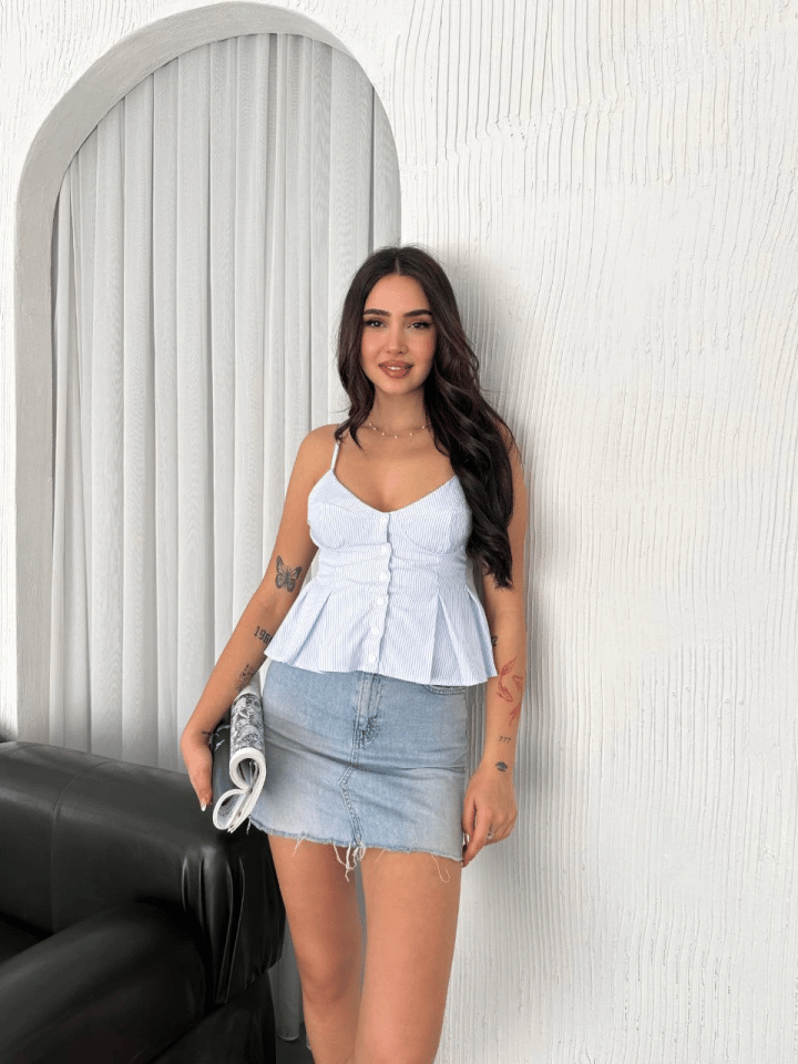 Askılı Dekolte Deraylı Crop - Açık Mavi