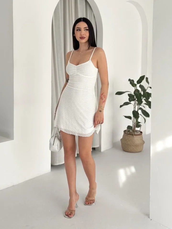 Askılı Mini Elbise Drapeli Göğüs Detay Likralı Yazlık Fit - Beyaz