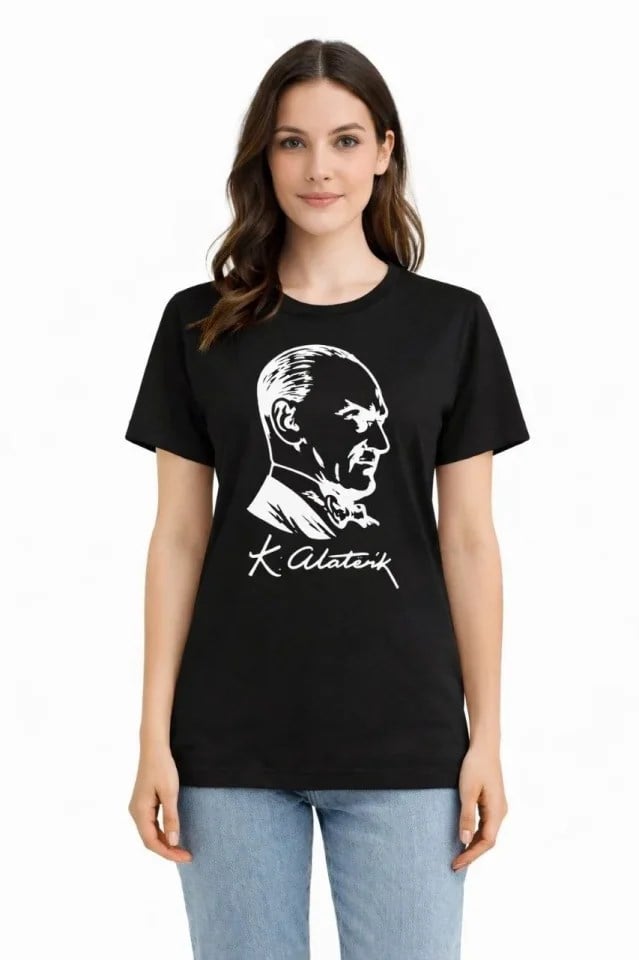 Atatürk Baskılı Tişört Kısa Kollu Bisiklet Yaka T-Shirt - Siyah