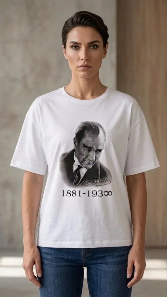 Atatürk Baskılı Tişört Kısa Kollu Bisiklet Yaka T-Shirt - Beyaz