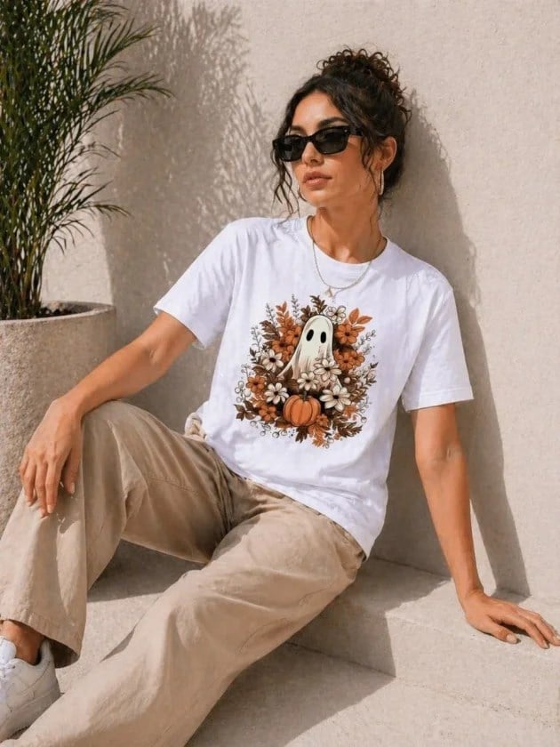 Balkabağı Hayalet Baskılı Tişört Kısa Kol Yazlık T-Shirt - Beyaz