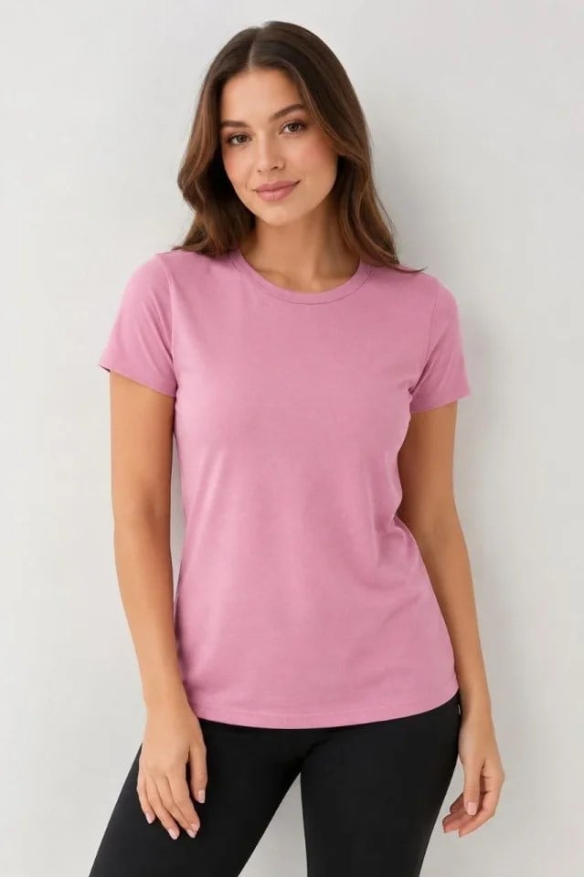 Basic Tişört Bisiklet Yaka Kısa Kol Günlük Yazlık Slim Fit T-Shirt - Pembe