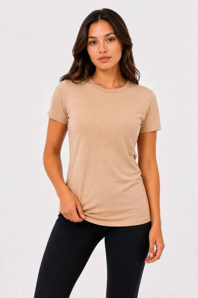 Basic Tişört Bisiklet Yaka Kısa Kol Günlük Yazlık Slim Fit T-Shirt - Bej