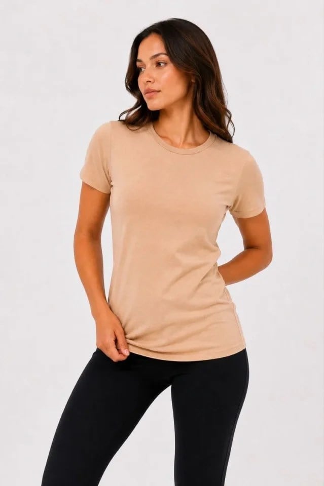 Basic Tişört Bisiklet Yaka Kısa Kol Günlük Yazlık Slim Fit T-Shirt - Bej