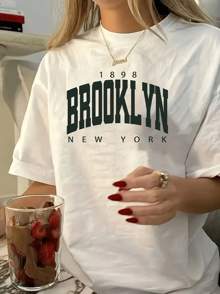 Baskılı Oversize Bisiklet Yaka T-shirt - Beyaz