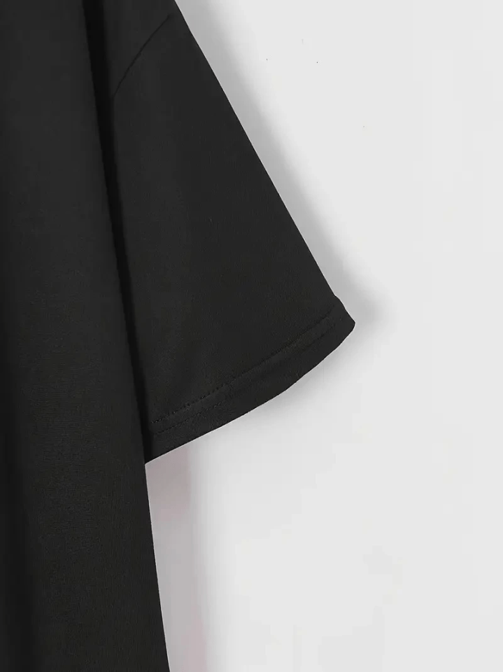Baskılı Oversize Bisiklet Yaka T-shirt - Siyah