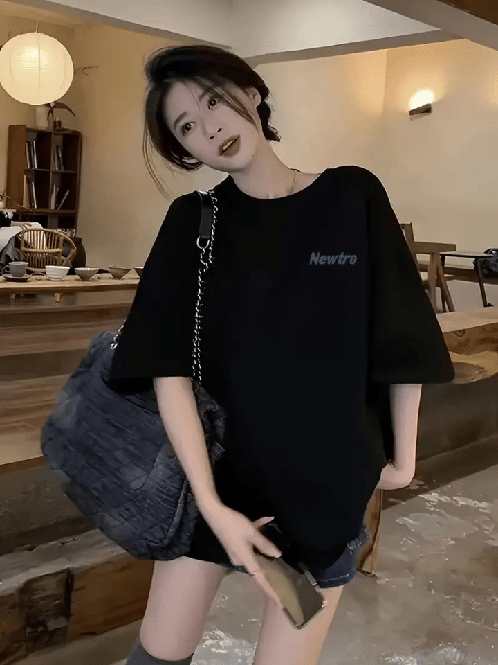 Baskılı Oversize Bisiklet Yaka T-shirt - Siyah