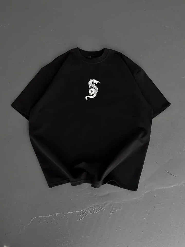 Baskılı Oversize Bisiklet Yaka T-shirt - Siyah