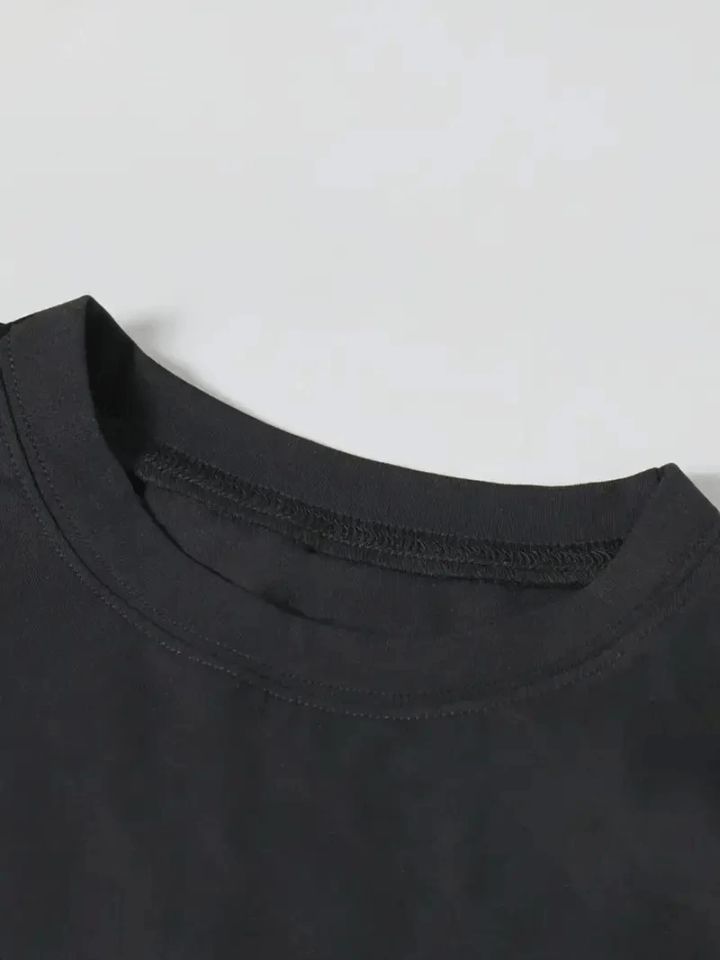 Baskılı Oversize Bisiklet Yaka T-shirt - Siyah