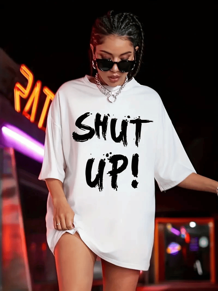 Baskılı Oversize Bisiklet Yaka T-shirt - Beyaz