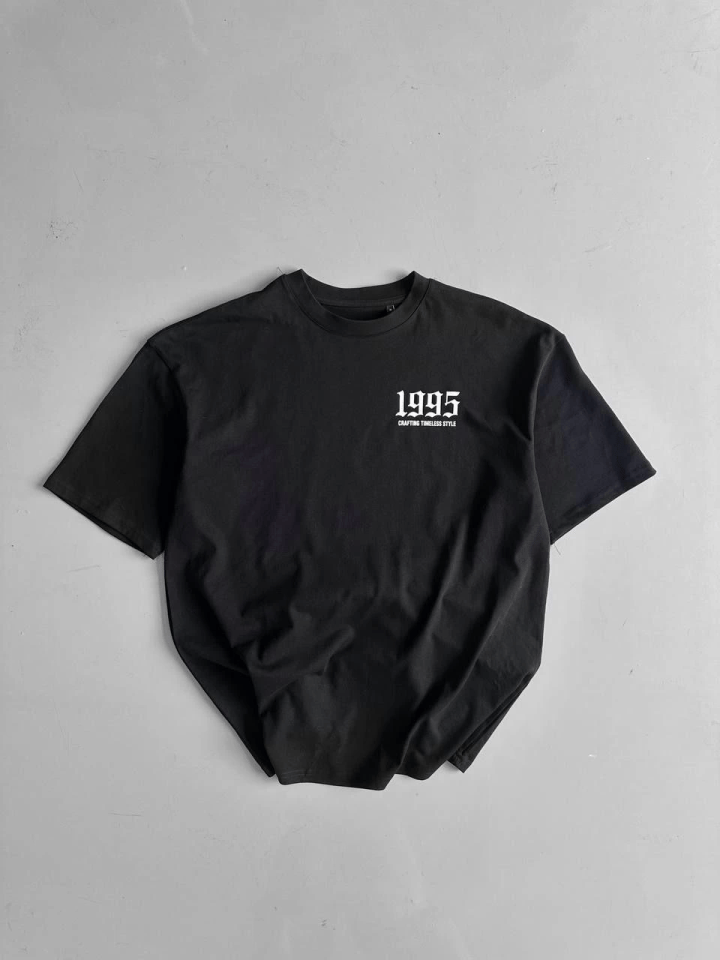 Baskılı Oversize Bisiklet Yaka T-shirt - Siyah