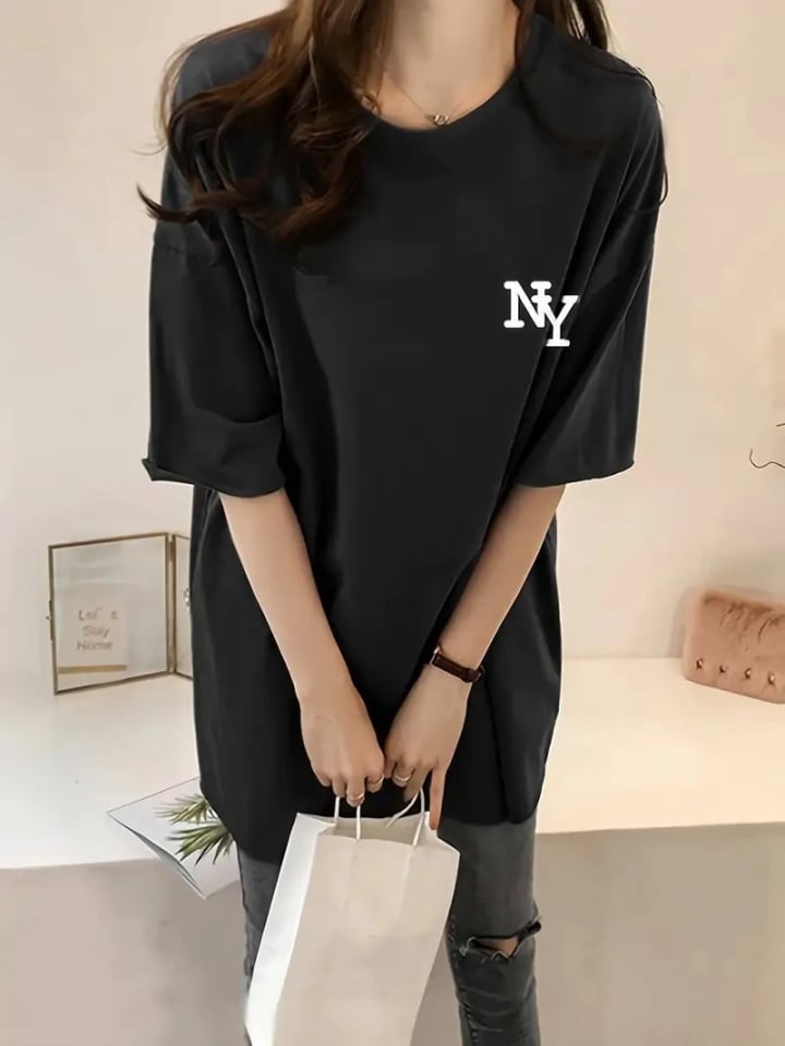 Baskılı Oversize Bisiklet Yaka T-shirt - Siyah