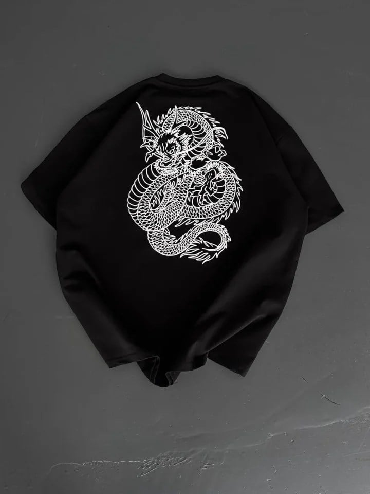 Baskılı Oversize Bisiklet Yaka T-shirt - Siyah
