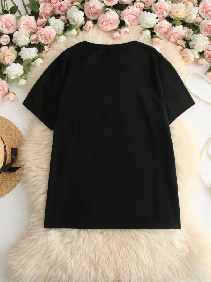 Baskılı Oversize Bisiklet Yaka T-shirt - Siyah