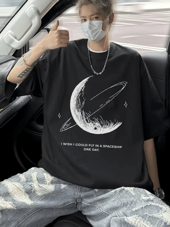 Baskılı Oversize Bisiklet Yaka T-shirt - Siyah