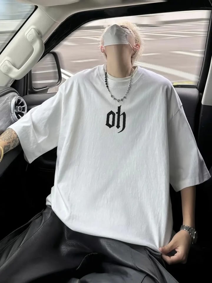 Baskılı Oversize Bisiklet Yaka T-shirt - Beyaz