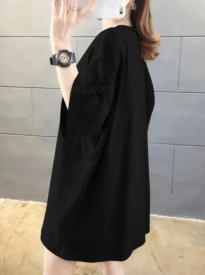 Baskılı Oversize Bisiklet Yaka T-shirt - Siyah