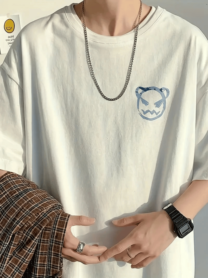 Baskılı Oversize Bisiklet Yaka T-shirt - Beyaz