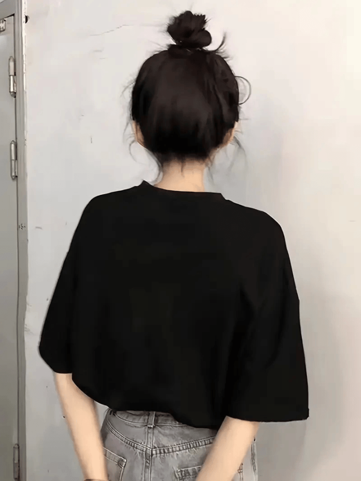 Baskılı Oversize Bisiklet Yaka T-shirt - Siyah