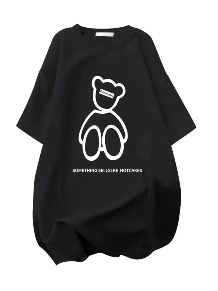 Baskılı Oversize Bisiklet Yaka T-shirt - Siyah