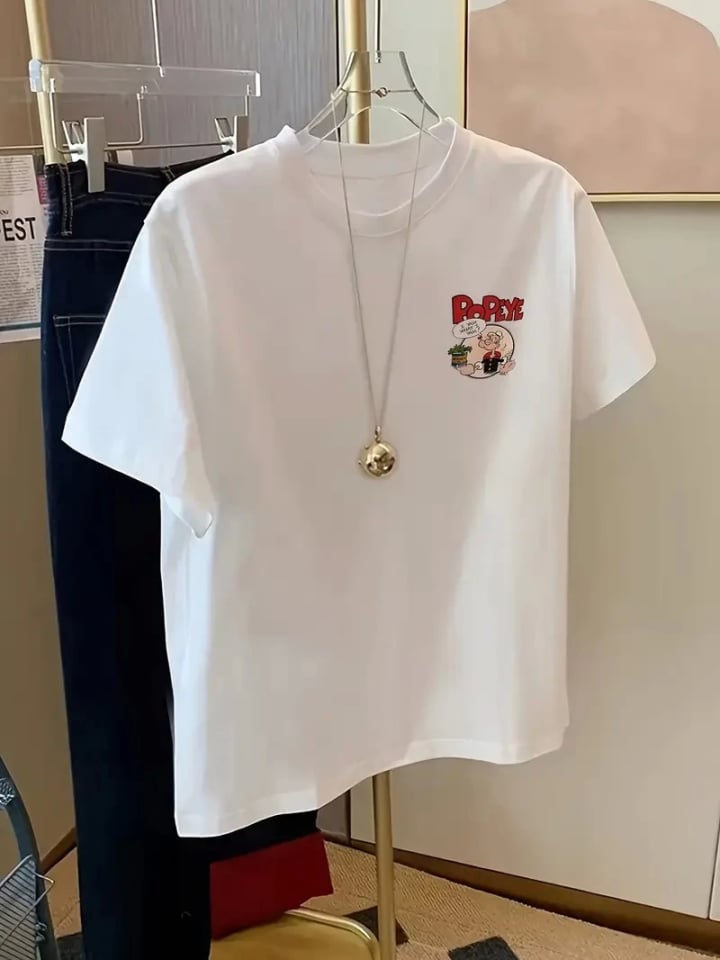 Baskılı Oversize Bisiklet Yaka T-shirt - Beyaz