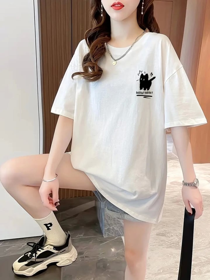 Baskılı Oversize Bisiklet Yaka T-shirt - Beyaz