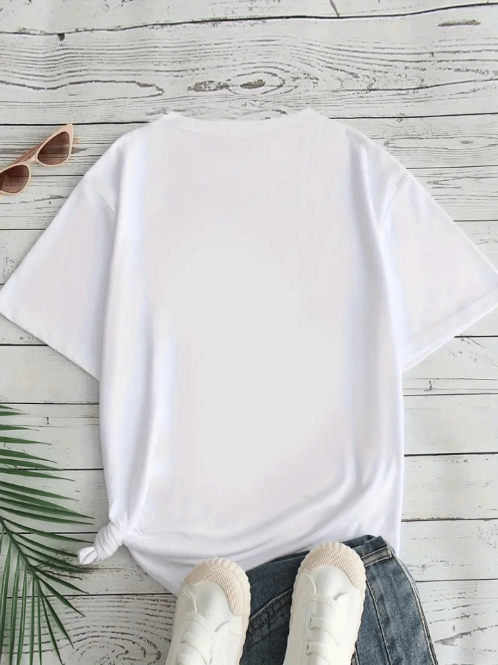 Baskılı Oversize Bisiklet Yaka T-shirt - Beyaz