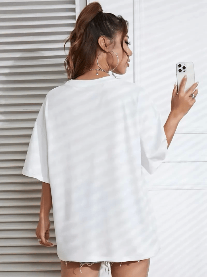 Baskılı Oversize Bisiklet Yaka T-shirt - Beyaz